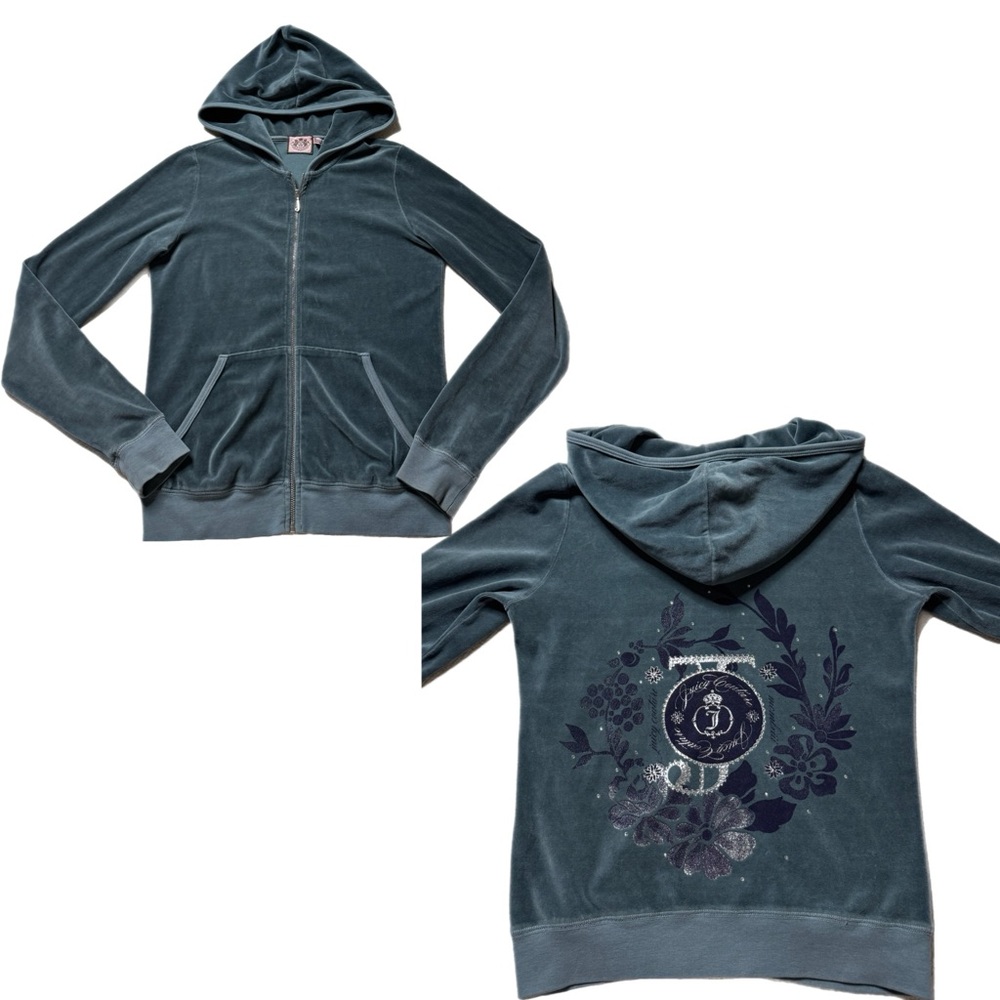 Juicy Couture Y2K Rhinestone Velour Zip Front Hoodie M/L Dusty Teal Made in USA